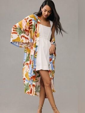 Anthropologie Graphic Kimono Resort Beach Coverup Robe Tropical Lobster O/S